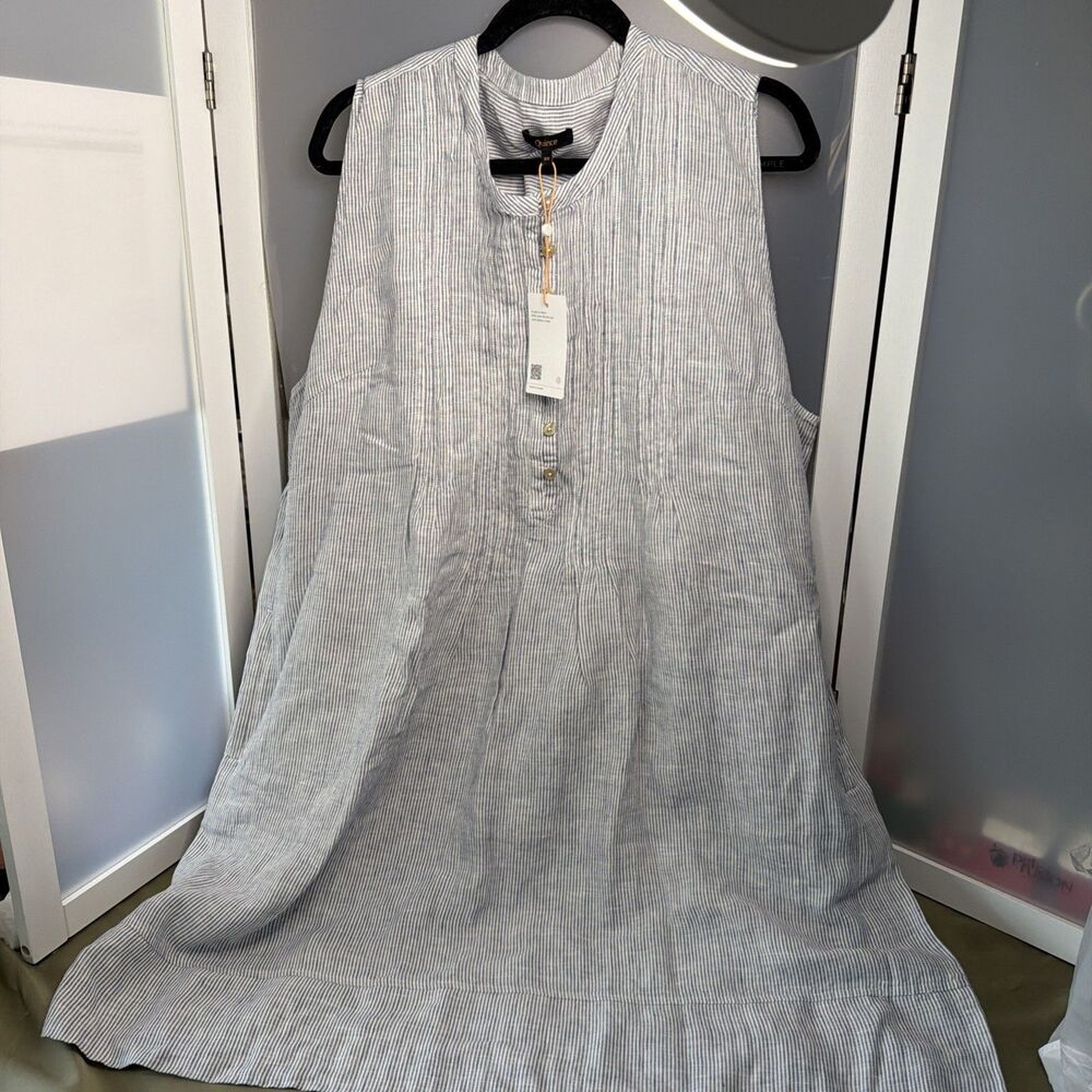 Quince Linen Sleeveless Blue Pin Strip Swing Dress 3X New With Tags